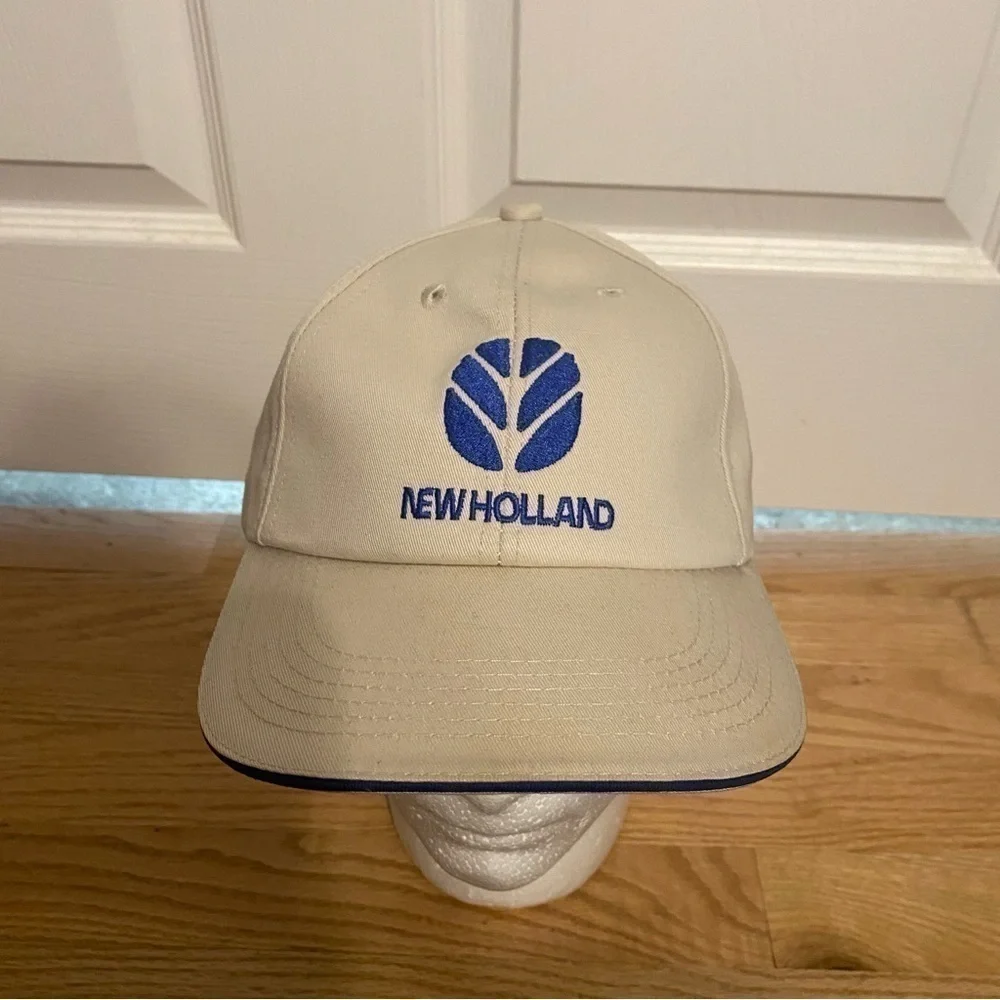 Vintage K Products New Holland Strapback Hat Tan Blue Flag Made in USA